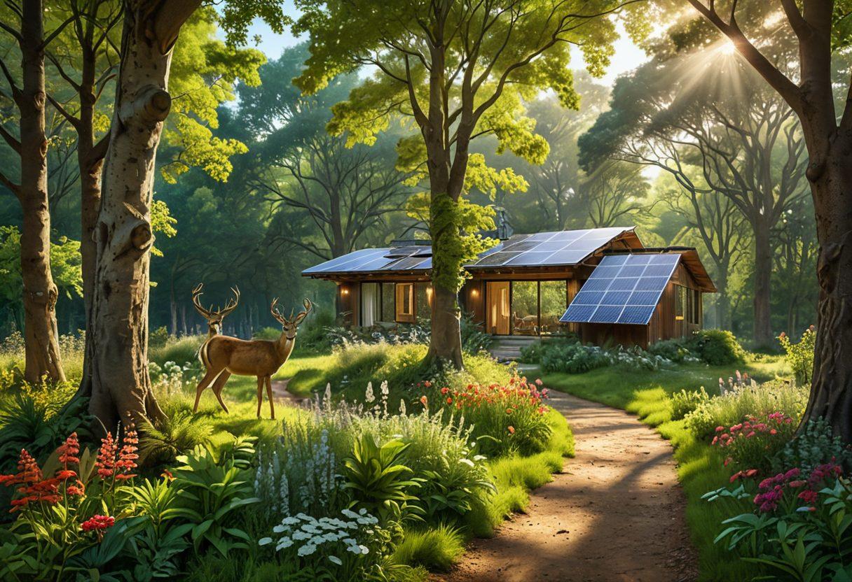 A serene landscape featuring a lush green forest with diverse wildlife, including deer and birds, coexisting harmoniously among sustainable practices like solar panels and a small garden. Incorporate gentle sunlight filtering through the trees, symbolizing a peaceful coexistence with nature. A winding path leads through the scene, inviting viewers to explore eco-conscious living. natural colors. vibrant details. super-realistic.