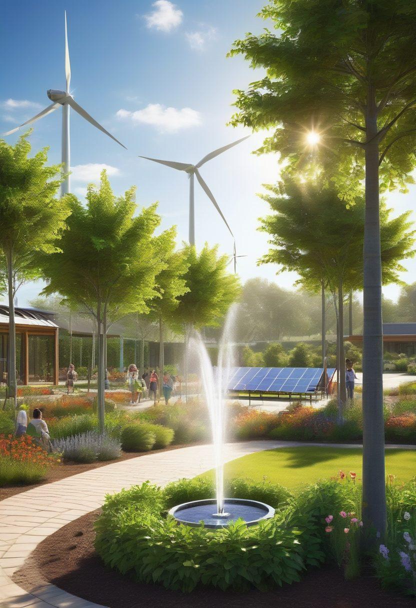 A lush green landscape showcasing solar panels and wind turbines in harmony, with a clear blue sky and a diverse group of people planting trees and engaging in eco-friendly activities. Include a water fountain symbolizing clean water and vibrant wildlife in the background. The scene should radiate hope and sustainability, with a sense of community involvement. super-realistic. vibrant colors. bright sunlit atmosphere.