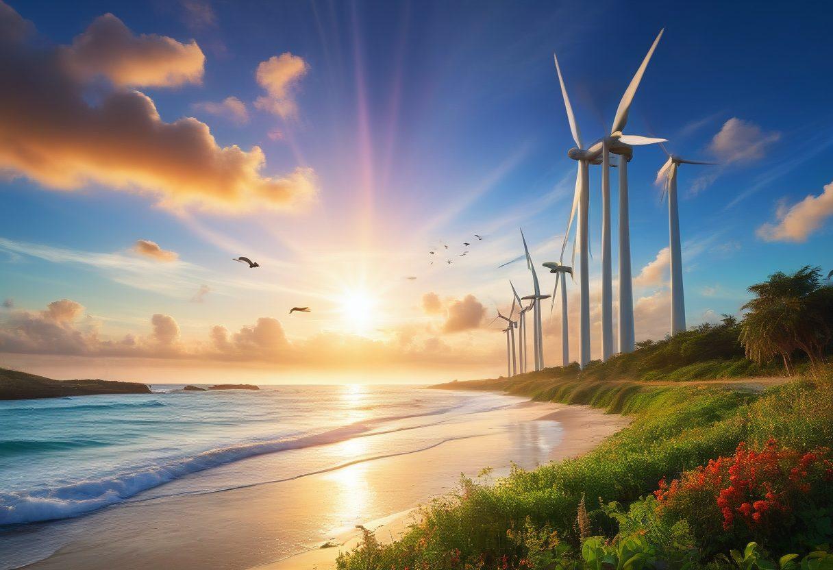 A serene landscape showcasing diverse wildlife thriving in their natural habitats, including a majestic elephant, playful dolphins, and colorful birds. In the foreground, a group of diverse people of all ages engaging in conservation activities, planting trees and cleaning up a beach. The sky is a vibrant blue with fluffy clouds, symbolizing a hopeful future. Add elements of renewable energy, like wind turbines in the background, and a glowing Earth symbol overlaying the scene. super-realistic. vibrant colors. nature-inspired.